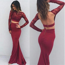 Load image into Gallery viewer, Mermaid Long Sleeve Two Pieces Prom Dresses Burgundy Backless Evening Dresses RS662