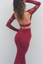 Load image into Gallery viewer, Mermaid Long Sleeve Two Pieces Prom Dresses Burgundy Backless Evening Dresses RS662