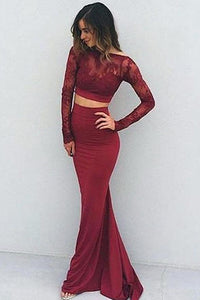 Mermaid Long Sleeve Two Pieces Prom Dresses Burgundy Backless Evening Dresses RS662