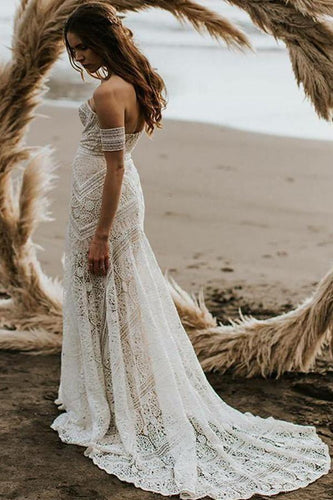 Unique Mermaid Off the Shoulder Straps Ivory Lace Beach Wedding Dress Bridal Dresses RS829