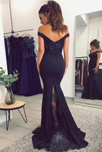 Load image into Gallery viewer, Mermaid Off the Shoulder Navy Blue Sweetheart Prom Dresses with Sequins RS577