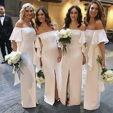 Load image into Gallery viewer, Mermaid Off the Shoulder Satin Floor Length Ivory Bridesmaid Dresses Slit Party Dresses BD1010