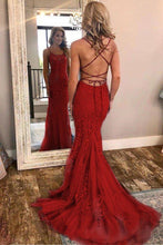 Load image into Gallery viewer, Mermaid Red Lace Spaghetti Straps Scoop Prom Dresses Long Cheap Evening Dresses RS643