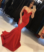 Load image into Gallery viewer, Mermaid Red V Neck Strapless Prom Dresses Long Cheap Satin Party Dresses RS645