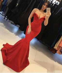 Mermaid Red V Neck Strapless Prom Dresses Long Cheap Satin Party Dresses RS645