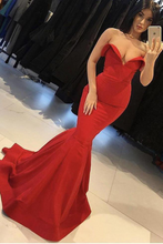 Load image into Gallery viewer, Mermaid Red V Neck Strapless Prom Dresses Long Cheap Satin Party Dresses RS645