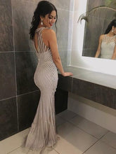 Load image into Gallery viewer, Mermaid Round Neck Sleeveless Open Back Tulle Long Prom Dresses with Beading RS703