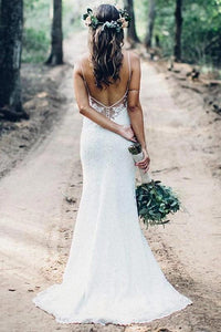 Mermaid Spaghetti Straps Beach Wedding Gowns Sexy V Neck Backless Lace Wedding Dress W1045