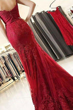 Load image into Gallery viewer, Mermaid Spaghetti Straps Burgundy Lace Appliques Prom Dresses Long Formal Dress RS455