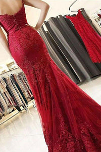 Mermaid Spaghetti Straps Burgundy Lace Appliques Prom Dresses Long Formal Dress RS455