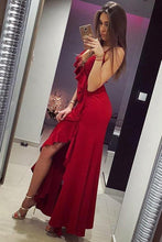 Load image into Gallery viewer, Mermaid Spaghetti Straps Red Satin Prom Dresses with Ruffles Long Party Dress RS400
