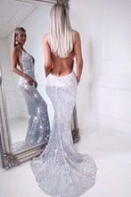 Load image into Gallery viewer, Mermaid Spaghetti Straps Silver Sequins V Neck Backless Prom Dresses Long Evening Dress RS697