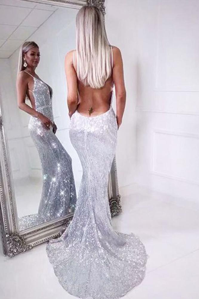 Mermaid Spaghetti Straps Silver Sequins V Neck Backless Prom Dresses Long Evening Dress RS697