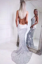 Load image into Gallery viewer, Mermaid Spaghetti Straps Silver Sequins V Neck Backless Prom Dresses Long Evening Dress RS697