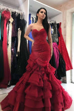 Load image into Gallery viewer, Sexy Mermaid Sweetheart Burgundy Strapless Lace Appliques Lace up Tulle Prom Dresses P1026