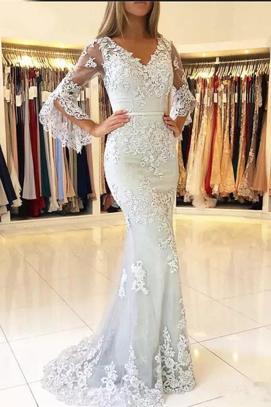 Mermaid V Neck Long Sleeve Prom Dresses Lace Appliques V Back Evening Dresses RS554