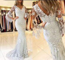 Load image into Gallery viewer, Mermaid V Neck Long Sleeve Prom Dresses Lace Appliques V Back Evening Dresses RS554