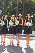 Load image into Gallery viewer, Mini A line Dark Navy Jewel Sleeveless Above Knee Satin Short Bridesmaid Dresses RS959