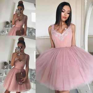 Mini Blush Pink Short Homecoming Dresses with V Neck Appliqued Tulle Prom Dresses RS955