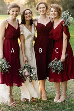 Load image into Gallery viewer, Mismatched Burgundy Chiffon Knee Length Bridesmaid Dresses V Neck Prom Dresses BD1012