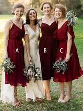 Load image into Gallery viewer, Mismatched Burgundy Chiffon Knee Length Bridesmaid Dresses V Neck Prom Dresses BD1012