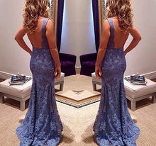 Load image into Gallery viewer, 2024 New Style Custom Mermaid V-Neck Sleeveless Open Back Blue Lace Evening Dresses RS11
