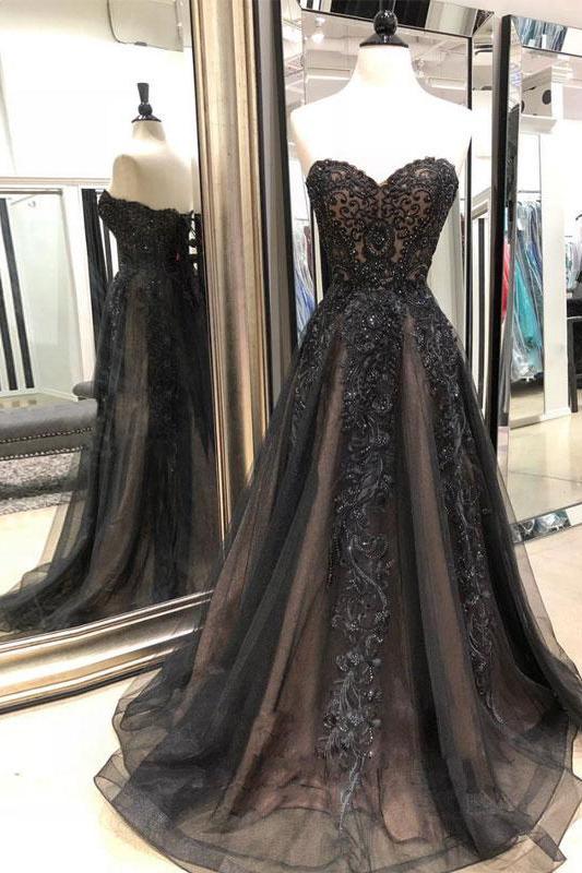 Black Sweetheart Tulle Lace Strapless Beads Prom Dresses with Lace up Evening Dresses RS976
