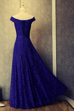Load image into Gallery viewer, Simple Royal Blue A-Line Lace Off-the-Shoulder Lace up Hollow Prom Dresses RS453
