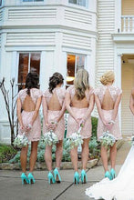 Load image into Gallery viewer, Sheath Crew Short Cap Sleeves High Neck Pink Lace Open Back Prom Bridesmaid Dresses RS714