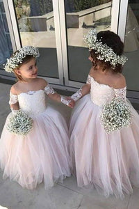 Cute Off the Shoulder Long Sleeve Pink Lace Appliques Tulle Flower Girl Dresses RS289