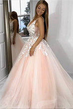 Load image into Gallery viewer, Princess V Neck Pink Long Tulle Lace Appliques Open Back Party Dress Prom Dresses RS66