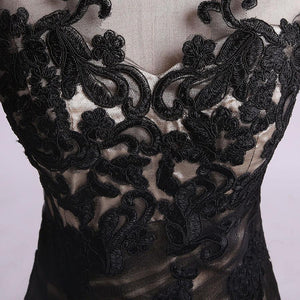 Mermaid Black Tulle Lace Appliques Long Sleeve V Back Scoop Cheap Prom Dresses RS176
