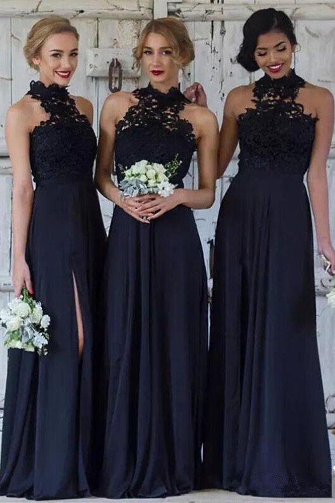 Navy Blue Halter Lace Appliques Bridesmaid Dresses Top Chiffon Side Split Prom Dresses RS342