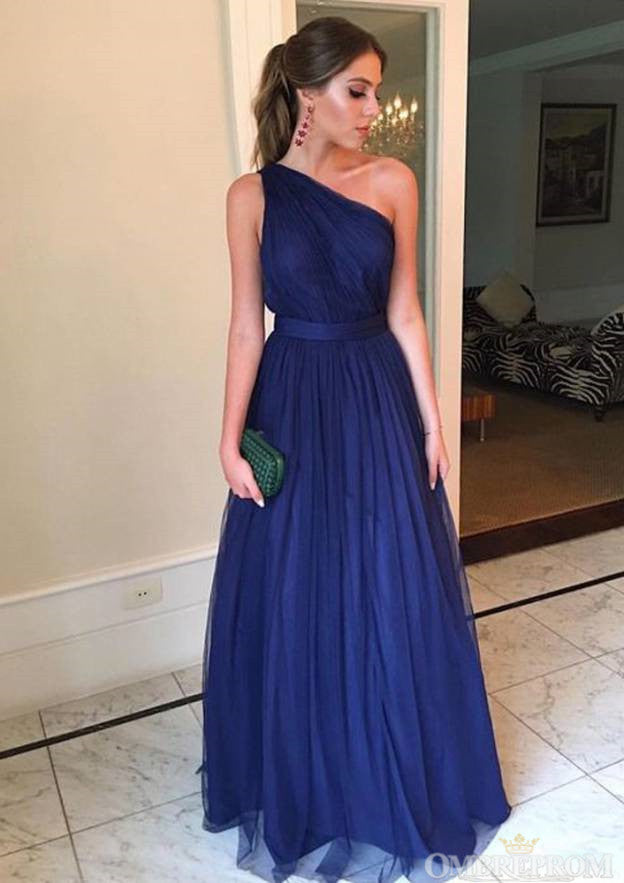 Navy Blue One Shoulder Sleeveless Floor Length Prom Dresses