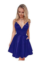Load image into Gallery viewer, Navy Blue Spaghetti Straps V Neck Homecoming Dresses with Pockets V Neck Cocktail Dress H1093