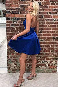 Navy Blue Spaghetti Straps V Neck Homecoming Dresses with Pockets V Neck Cocktail Dress H1093