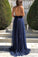 Navy Blue Sparkly V Neck Backless Tulle A Line Lace Prom Dresses
