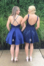 Load image into Gallery viewer, Navy Blue V Neck Homecoming Dresses Cute Short Bridesmaid Dresses with Pockets H1073