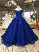 Load image into Gallery viewer, Off Shoulder Royal Blue Evening Dresses with 3D Floral Lace Ball Gown Quinceanera Dresses RS491