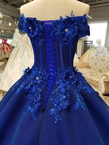 Off Shoulder Royal Blue Evening Dresses with 3D Floral Lace Ball Gown Quinceanera Dresses RS491