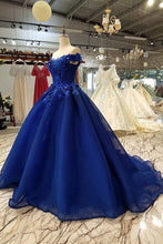 Load image into Gallery viewer, Off Shoulder Royal Blue Evening Dresses with 3D Floral Lace Ball Gown Quinceanera Dresses RS491