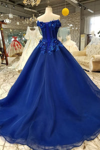 Off Shoulder Royal Blue Evening Dresses with 3D Floral Lace Ball Gown Quinceanera Dresses RS491