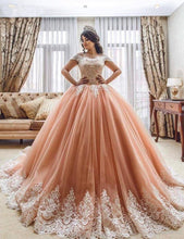 Load image into Gallery viewer, Off the Shoulder Ball Gowns Prom Dresses Lace Appliques Tulle Pink Quinceanera Dresses RS550