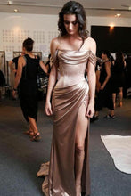 Load image into Gallery viewer, Off the Shoulder High Slit Prom Dress with Ruffles Mermaid Brown Long Formal Dress RS489