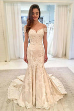 Load image into Gallery viewer, Off the Shoulder Lace Mermaid Sweetheart Wedding Dresses with Train Wedding Gowns RS380