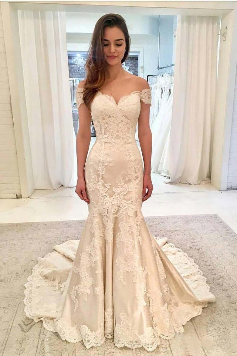 Off the Shoulder Lace Mermaid Sweetheart Wedding Dresses with Train Wedding Gowns RS380