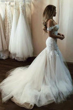 Load image into Gallery viewer, Off the Shoulder Mermaid Tulle Wedding Dresses Lace Appliques Bridal Gown uk PW448