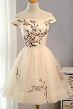 Load image into Gallery viewer, Off the Shoulder Short Tulle Homecoming Gown with Appliques A line Homecoming Dress H1294