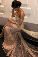 Load image into Gallery viewer, Sexy Long Sleeve Gold Split Sequins Off the Shoulder Prom Evening Dresses RS756