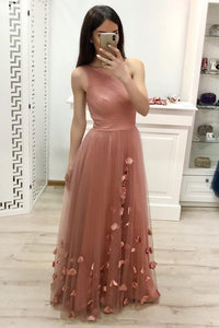 One Shoulder A Line Tulle Blush Pink Floor Length Prom Dresses Cheap Long Evening Dress RS902
